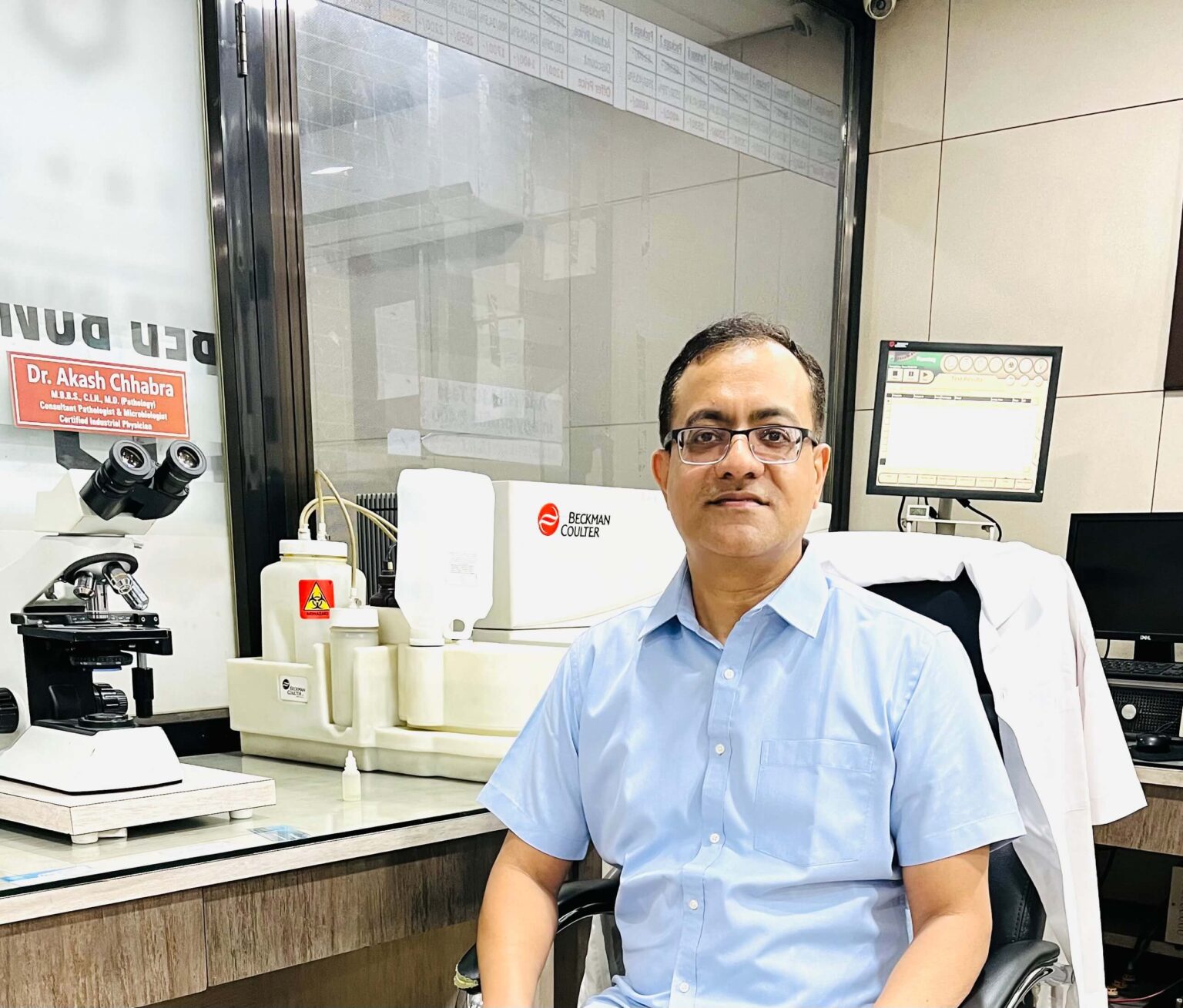 Dr. Akash Chhabra, Chief Pathologist, in the Aakash Pathology Laboratory